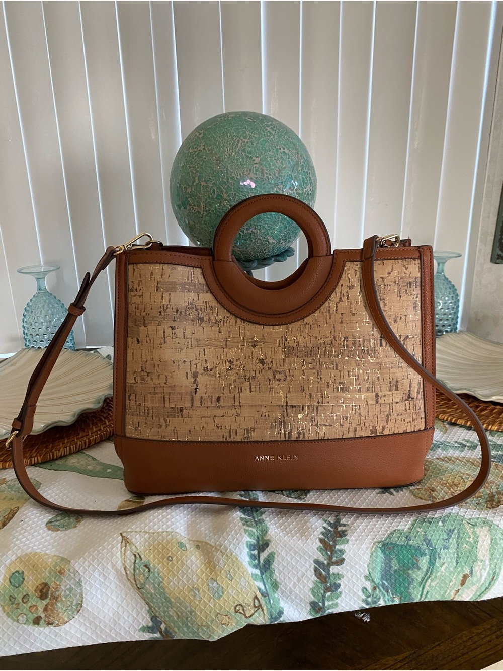Anne Klein Brown & Beige Cork-Accent Shoulder Tote with Removable Strap